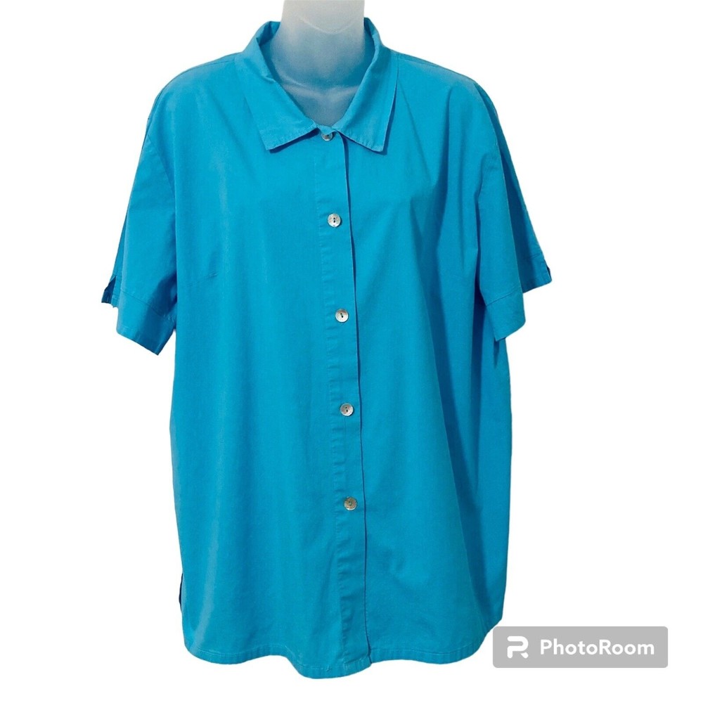 American Style USA Womens XL Blue Button Up Tunic Top Mother Of Pearl Buttons